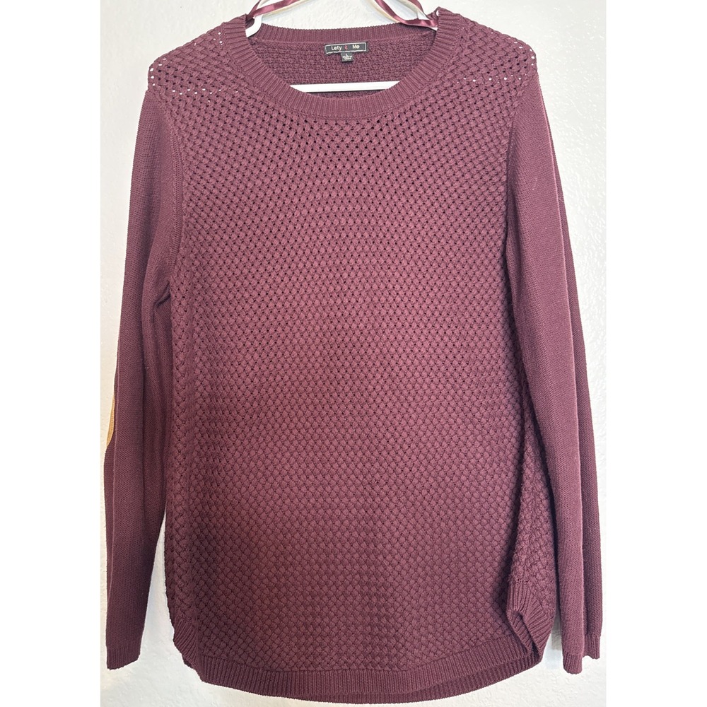 Lety & Me Burgundy Crochet Open Knit Sweater L Elbow Patch Academic Cottagecore